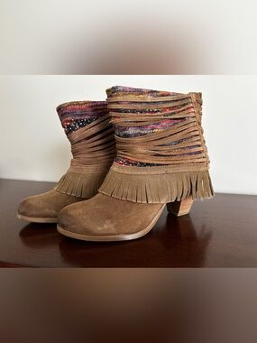 Brown Suede Fringe Ankle Boots with Multicolor Knit Cuff